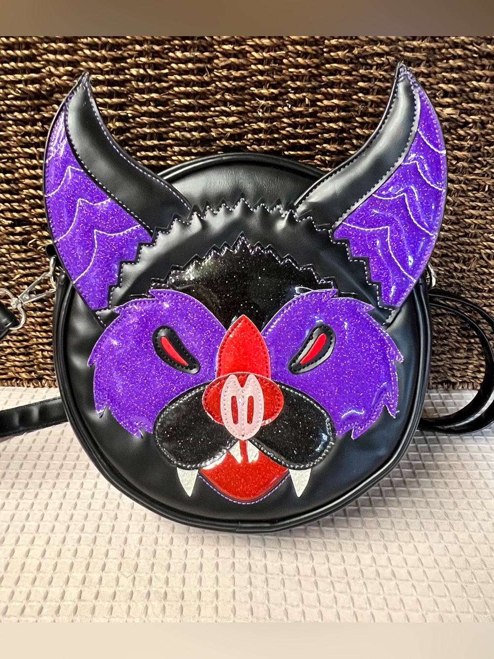 Love Pain and Stitches Pumpkin Kult Collection Vampire Bat Face Crossbody Purse